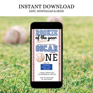 Rookie Of The Year First Birthday Invite, Baseball 1st Birthday Invitation Template, Sports 1st Birthday Invitation For Boy, Editable Evite