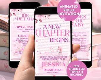 A New Chapter Begins Baby Shower Invitation,Storybook Baby Shower Digital Invite,Pink Floral Animated Book Theme Shower Evite Canva Template
