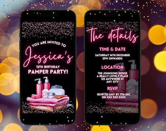 Digital 13th Birthday Pamper Party Invitation For Her, Editable Girl's Any Age Hot Pink Slumber Party Invite,Animated Video Smartphone Evite