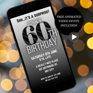 Invitación digital de cumpleaños número 60 para hombres, invitación editable del sexagésimo cumpleaños para teléfono móvil, descarga instantánea, invitación en vídeo animada para él