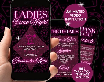 Digital Game Night Invitation, Electronic Ladies Neon Pink Casino Invite, Girls Night In Invitation,Smartphone Animated Video Evite Template