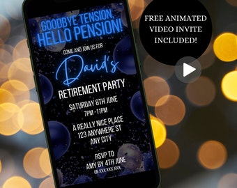 Digital Retirement Party Invitation For Him, Modern Black And Blue Retirement Dinner Invite For Men, Instant Download Mobile Phone Evite