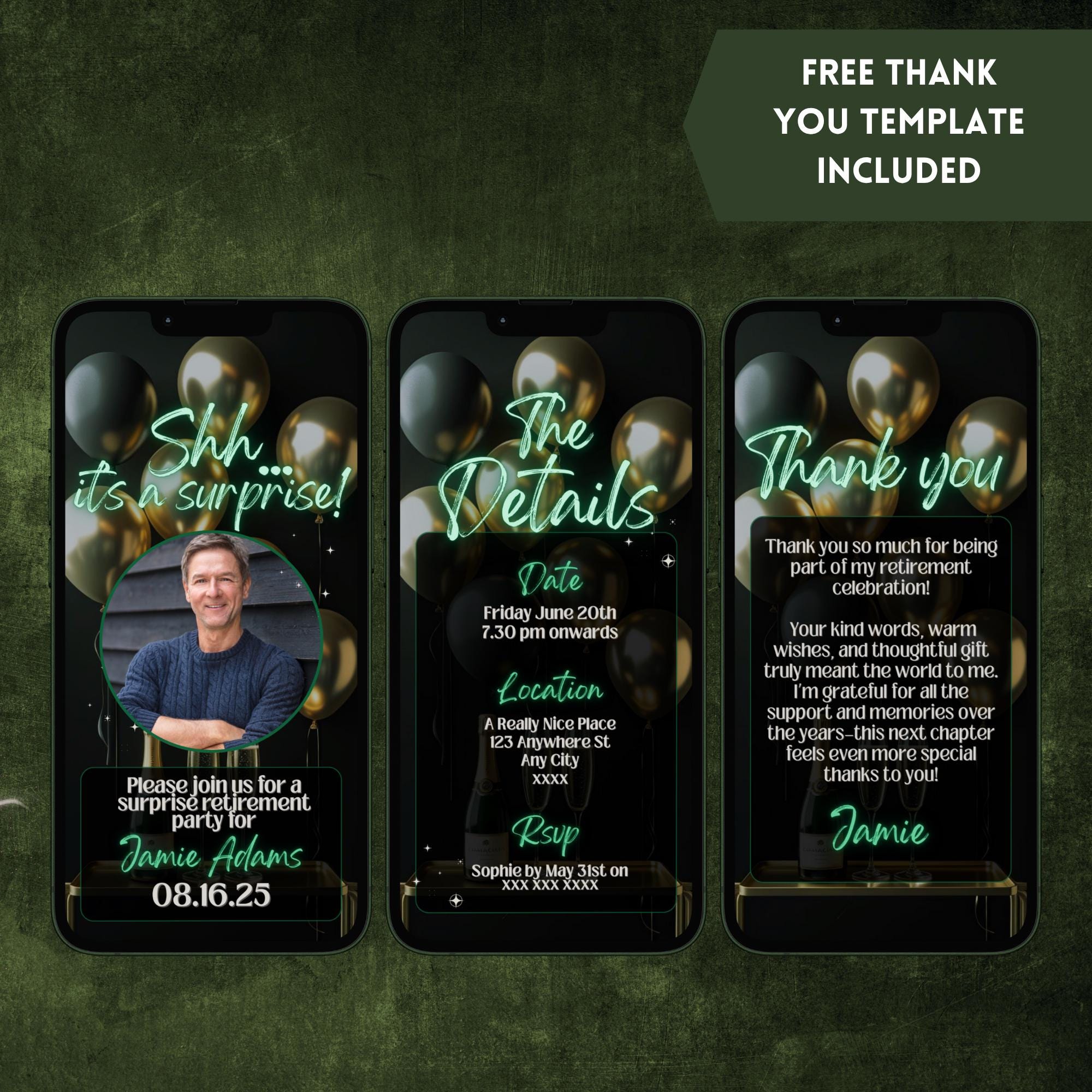 Retirement Send Off Surprise Retirement Party Invitation for Him, Animated Green & Black ...