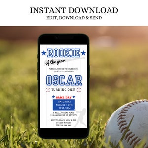 Baseball First Birthday Invitation, Rookie Of The Year Invite, Baseball Invitation Template, Boy Rookie Invite, Boy baseball Evite