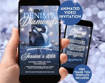 Invitación de cumpleaños de mezclilla y diamantes, invitación de video animada para fiesta glam digital, jeans azules editables para smartphone en Evite, cumpleaños de diamantes de lujo