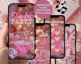 Invitación de cumpleaños para pijamadas, invitación animada rosa con música para pijamadas de niñas, video digital de fiesta de pijamas de Evite, celebración para adolescentes preadolescentes