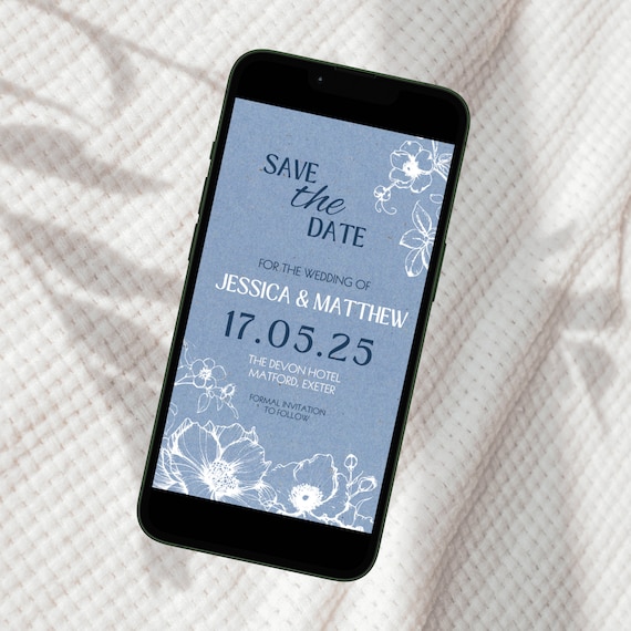 Save The Date Electronic Invitation For Phone, Digital Dusty Blue Floral E-invite For Wedding, Editable Save The Date Text Invite Template