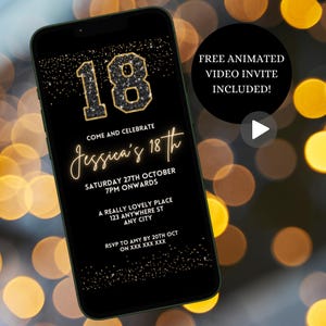 Digital 18th Birthday Party Invitation For Her, Electronic Modern Black And Gold Eighteenth Party Invite,Instant Download Mobile Phone Evite
