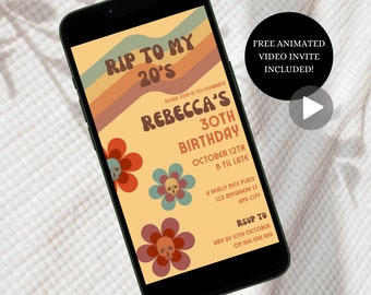 Groovy RIP To My 20s Invitation, Digital 30th Birthday Invite, RIP Twenties Party Invitation, Retro Death To My Twenties 30th Birthday