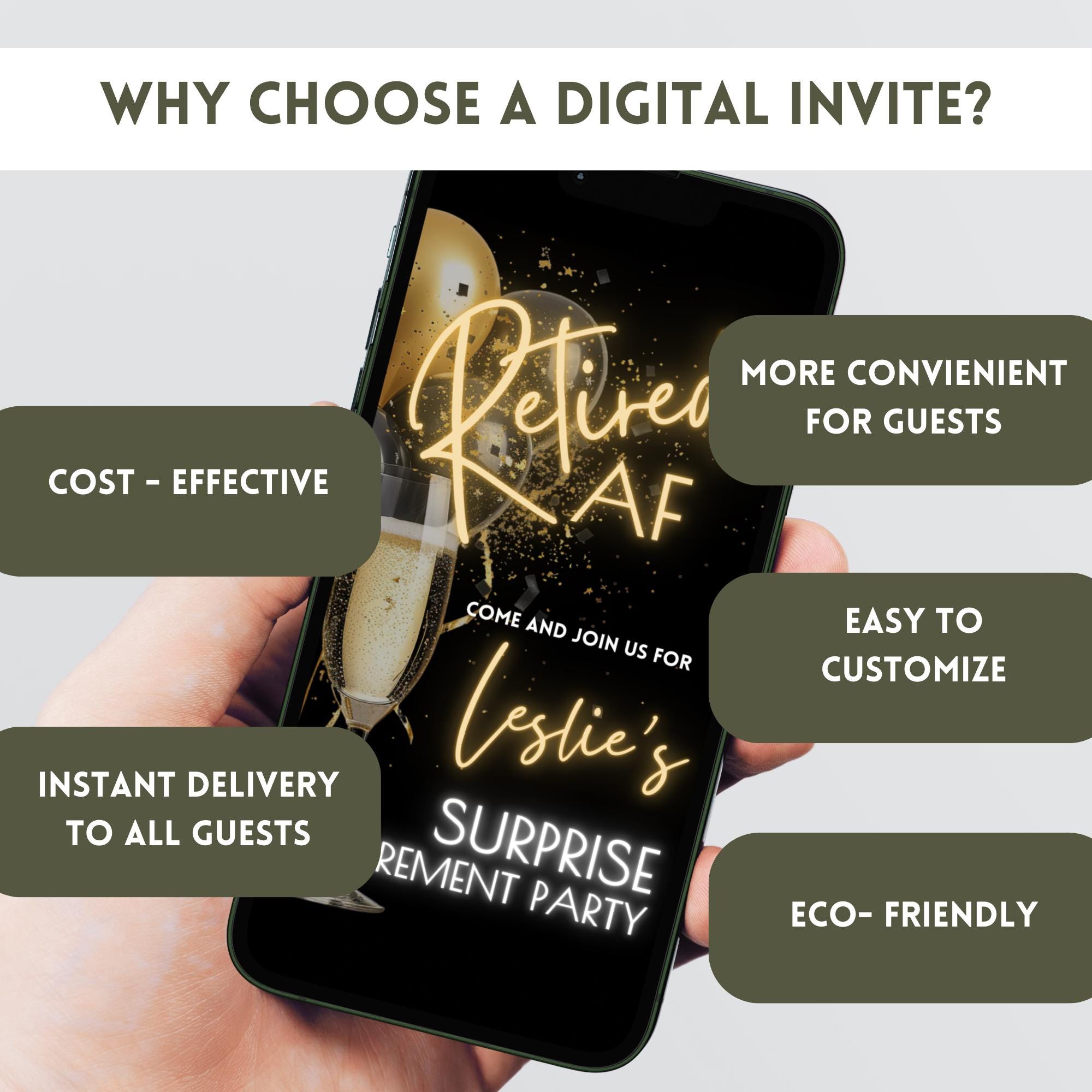 Digital Surprise Retirement Party Invitation, Modern Black and Gold ...
