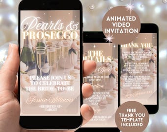 Könnte beinhalten: Drei Smartphones mit einer digitalen Einladung zu einer Brautparty. Die Einladung zeigt den Text "Pearls & Prosecco" mit Champagnergläsern und Blumengestecken. Enthält "Animierte Videoeinladung" und "Kostenlose Dankeschablone".