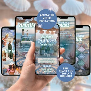 Last Toast On The Coast Bachelorette Itinerary Invitation, Animated Coastal Beach Bach Weekend Invite, Editable Bridal Hen Do Canva Template
