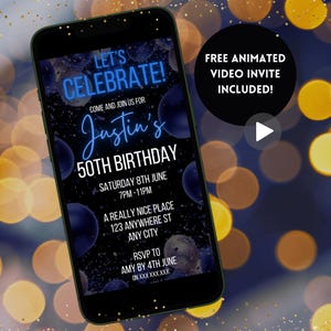 Invito digitale per il 50° compleanno per uomo, invito moderno per lui in nero e blu per 60 o qualsiasi età, modello di invito per cellulare con download immediato