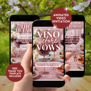 Inbjudan till möhippa och brunch med vin, digital animerad bruddusch med vin, redigerbar Bach-middag med vin, vin före löften