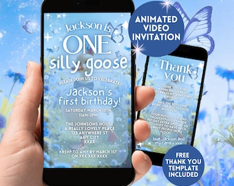 Invitación de primer cumpleaños de One Silly Goose, video animado digital para el primer cumpleaños de un niño, invitación editable de cumpleaños de ganso a cuadros para smartphone con formato Evite