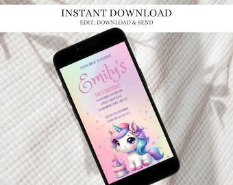 Unicorn Invitation, Unicorn Birthday Party Invitation Template, Editable Unicorn Birthday Invitation Modern Rainbow Evite
