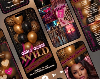 May include: A digital invitation design for a bachelorette weekend, featuring a leopard print theme. The design includes the text "Girls Gone Wild" and "Birthday Queen", along with event details and photos.