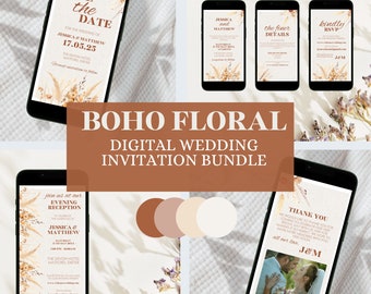 Digital Wedding Invitation Bundle, Electronic Boho Floral E-Invite For Wedding, Editable Modern Eco-Friendly Invite Suite For Smartphone,