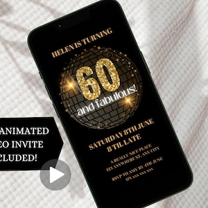 60th Birthday Digital Invite, Editable Gold And Black Sixty Bday Invitation, Text Message Invitation, Mobile Phone Birthday Evite Template