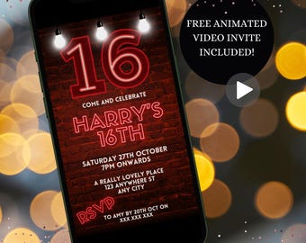 Digitale Einladung zum 16. Geburtstag für Ihn, elektronisches Schwarz und Neon Rot zum Sechzehnten Geburtstag Party einladen, Sofort-Download Mobile Evite Vorlage