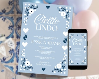 Cielito Lindo Baby Shower Invitation, Editable Blue Mexican Talavera Invite, Cielito Lindo Shower, Papel Picado Party Invite Canva Template