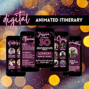 Digital Birthday Weekend Itinerary Invitation For Her, Electronic Black & Hot Pink Girl&#39;s Trip Travel Template, Editable Planner For Mobile