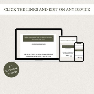 May include: A computer screen, tablet, and phone display a message about an invitation template. The text reads "Click the links below to download your editable template. Invitation Template. If you have any problems or any questions about your template please send me a message and I will get back to you as soon as I can."
