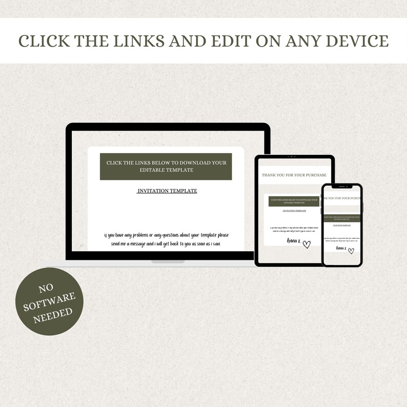May include: A computer screen, tablet, and phone display a message about an invitation template. The text reads "Click the links below to download your editable template. Invitation Template. If you have any problems or any questions about your template please send me a message and I will get back to you as soon as I can."