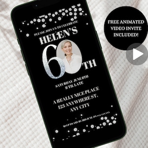 Digital 60th Birthday Invitation With Photo, Sixtieth Diamond Birthday Party Invite, Instant Download Text Message Evite, Black 60th Invite