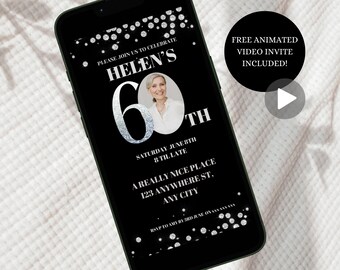 Invitación digital de cumpleaños número 60 con foto, invitación a la fiesta de cumpleaños del sexagésimo diamante, mensaje de texto de descarga instantánea Evite, invitación negra número 60
