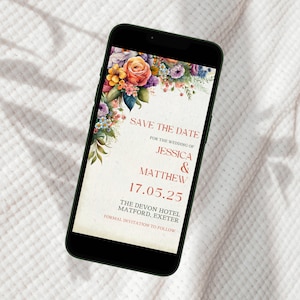 Op de afbeelding: Een digitale save-the-date-aankondiging met een bloemmotief. De tekst luidt "Save the Date" voor de bruiloft van Jessica & Matthew, 17.05.25, The Devon Hotel, Matford, Exeter. Formele uitnodiging volgt.