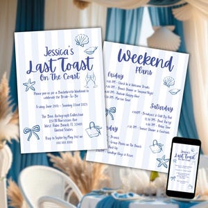 Last Toast On The Coast Bachelorette Itinerary Invitation, Animated Coastal Beach Bach Weekend Invite, Editable Bridal Hen Do Canva Template
