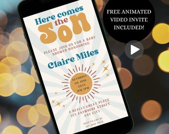 Here Comes The Son Digital Baby Shower Invitation, Retro Sunshine For Boy Evite, Editable Sun Baby Shower Invite, Instant Download Invite