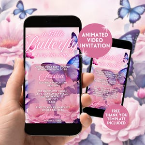 Digital Butterfly Baby Shower Invitation,Electronic Pink Little Butterfly Animated Baby Shower Phone Invite, Instant Download Evite Template