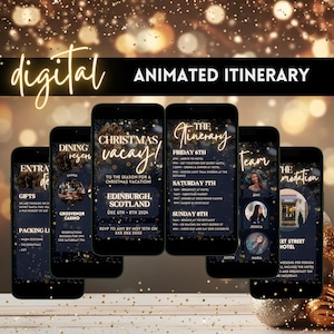 Digitale kerstvakantie reisplan uitnodiging, elektronisch goud en marineblauw feestelijke reis reisreissjabloon, zelfbewerkingsplanner voor 6 pagina's voor smartphone