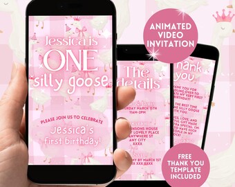 One Silly Goose First Birthday Invitation, Digital Girls 1st Bday Pink Animated Invite,Editable Gingham 1st Birthday Evite,Silly Goose Party