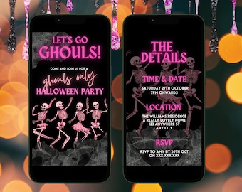 Digital Halloween Party Invitation For Her, Electronic Women&#39;s Hot Pink Spooky Party Invite, Halloween Girl&#39;s Night In Evite For Smart Phone