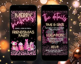 May include: A digital invitation for a Friendsmas party with pink and gold glitter accents. The invitation includes the text "Merry Friendsmas Party" and details about the event, including the date, time, location, and RSVP information.