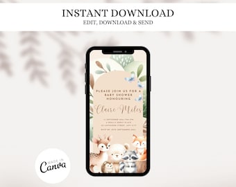 Boho Woodland Baby Shower Electronic Invite, Digital Invitation Template, Woodland Greenery Baby Shower, Smartphone Invite, Instant Download
