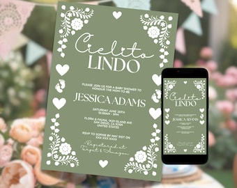 Cielito Lindo Baby Shower Invitation, Editable Sage Mexican Talavera Invite, Cielito Lindo Shower, Papel Picado Party Invite Canva Template