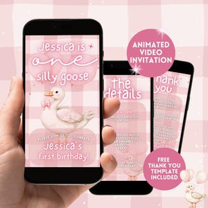 One Silly Goose First Birthday Invitation, Digital Girls 1st Bday Pink Animated Invite, Editable Goose 1st Birthday Evite, Silly Goose Party