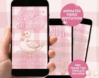 Invitación de primer cumpleaños de One Silly Goose, invitación digital rosa animada para el primer cumpleaños de niñas, invitación editable para el primer cumpleaños de Goose, fiesta de Silly Goose