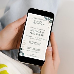 Digital Evening Wedding Reception Invitation, Eucalyptus Electronic Invite, Editable Phone Wedding Party E-Invite Template,Instant Download
