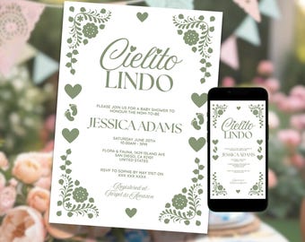 Cielito Lindo Baby Shower Invitation, Editable Sage Mexican Talavera Invite, Cielito Lindo Shower, Papel Picado Party Invite Canva Template