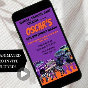 May include: A purple and orange birthday invitation for a 4th birthday party. The invitation features a monster truck with flames and the text "BOOM, SMASH AND CRASH... OSCAR'S 4TH BIRTHDAY BASH!"