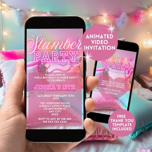 Digital 13th Birthday Sleepover Invitation For Her, Electronic Pink Girls Slumber Party Invite,Pajama Party Animated Video Smartphone Invite