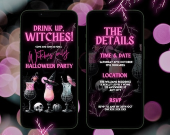Digital Halloween Party Invitation For Her, Electronic Women&#39;s Hot Pink Spooky Party Invite, Halloween Girl&#39;s Night In Evite For Smart Phone