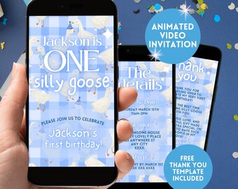 One Silly Goose First Birthday Invitation, Digital Boys 1st Bday Animated Video Invite, Editable Gingham Goose 1st Birthday Smartphone Evite