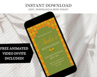 Seemantham Digital Invite, Sreemantham Invitation Template, Indian Baby Shower Mobile Evite, Text Message Digital Download, Edit In Canva