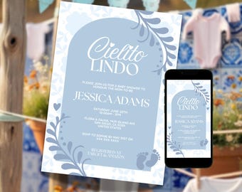 Cielito Lindo Baby Shower Invitation, Editable Blue Mexican Talavera Invite, Cielito Lindo Shower, Papel Picado Party Invite Canva Template